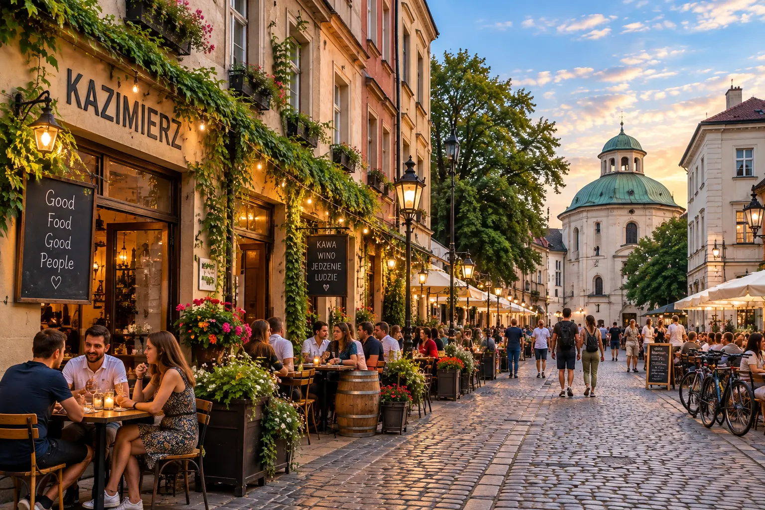 Street scene in Kraków’s Kazimierz district with cafés and historic buildings