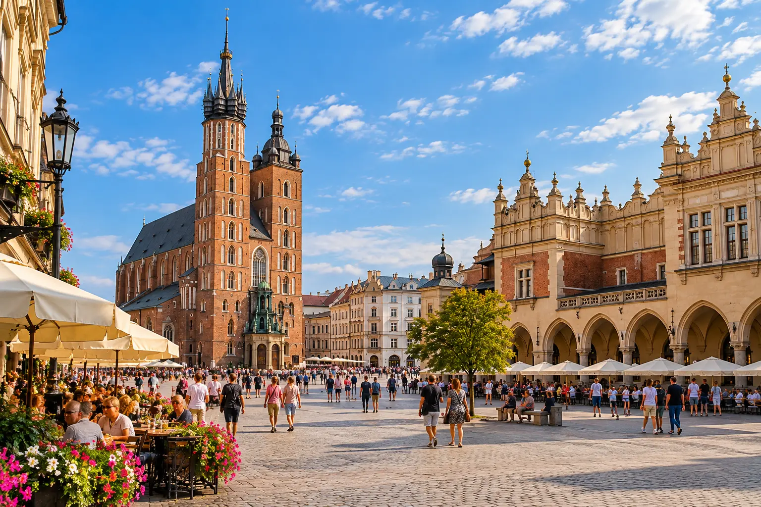 Main Market Square in Kraków with St Mary’s Basilica and the Cloth Hall