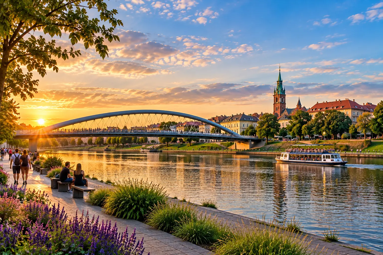 Vistula River in Kraków with a pedestrian bridge and the Podgórze district