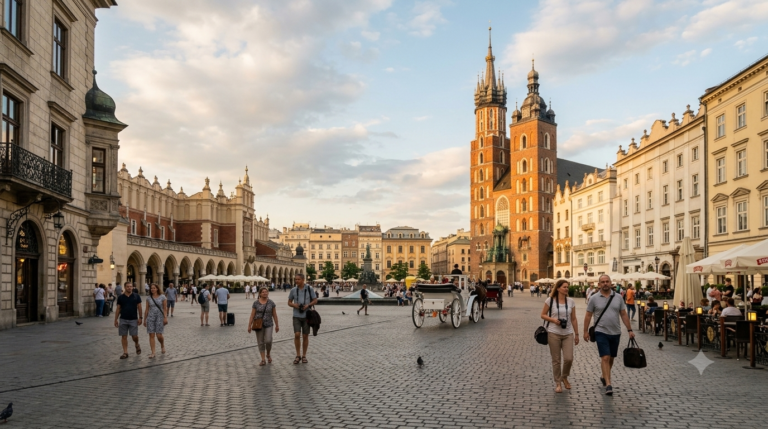 Kraków Main Market Square and St Mary's Basilica in Poland