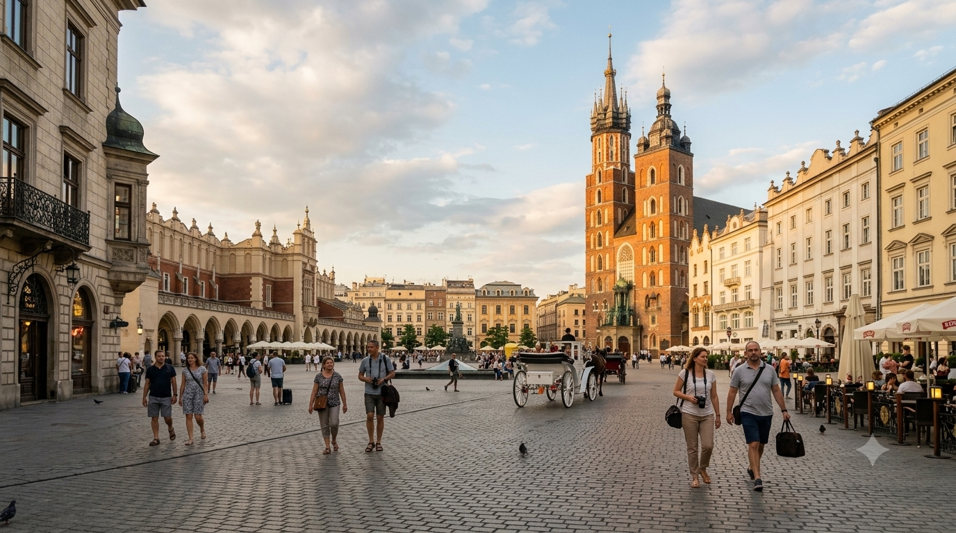 Kraków Main Market Square and St Mary's Basilica in Poland