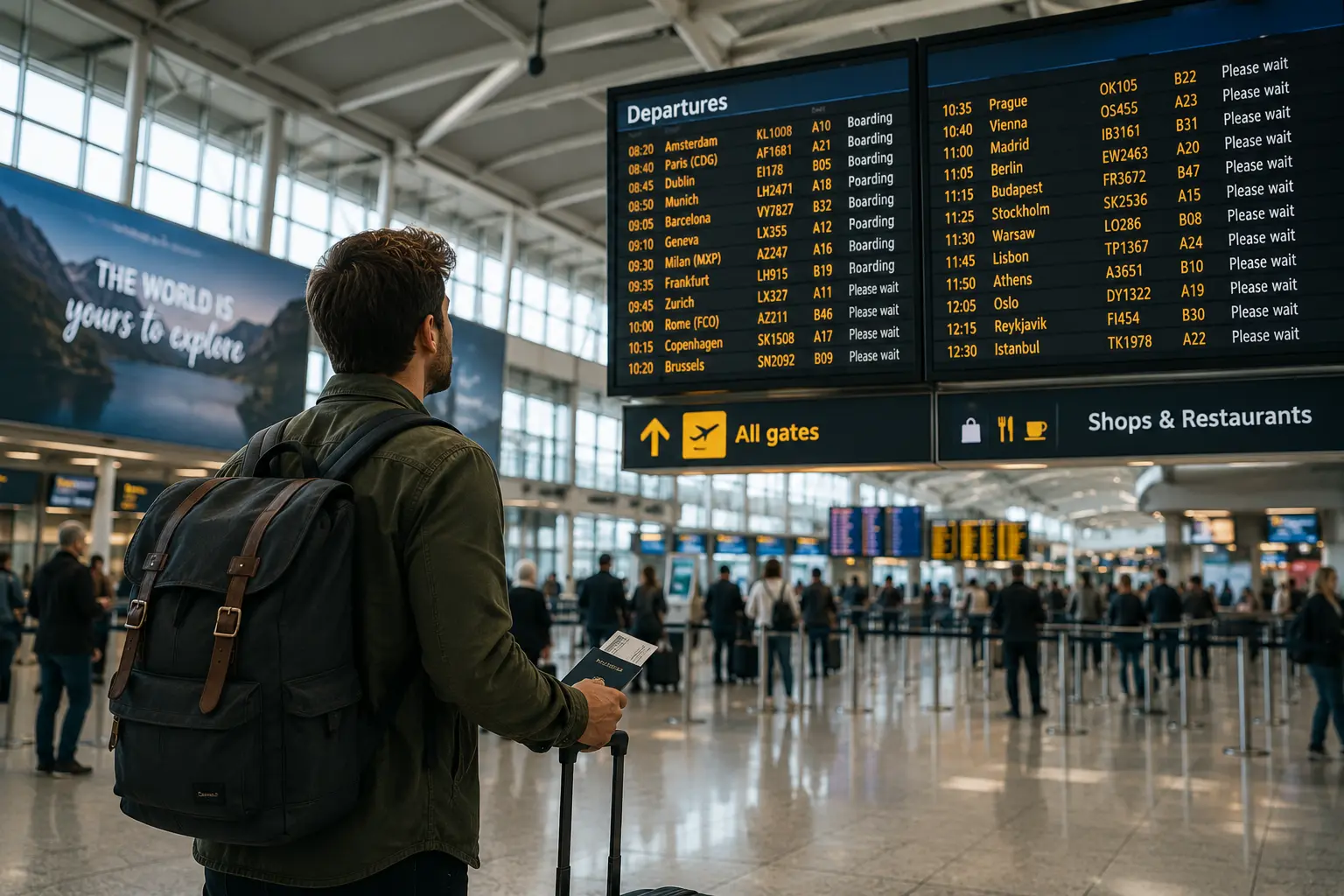 A UK traveller in a modern British airport or railway station, looking at a departure board