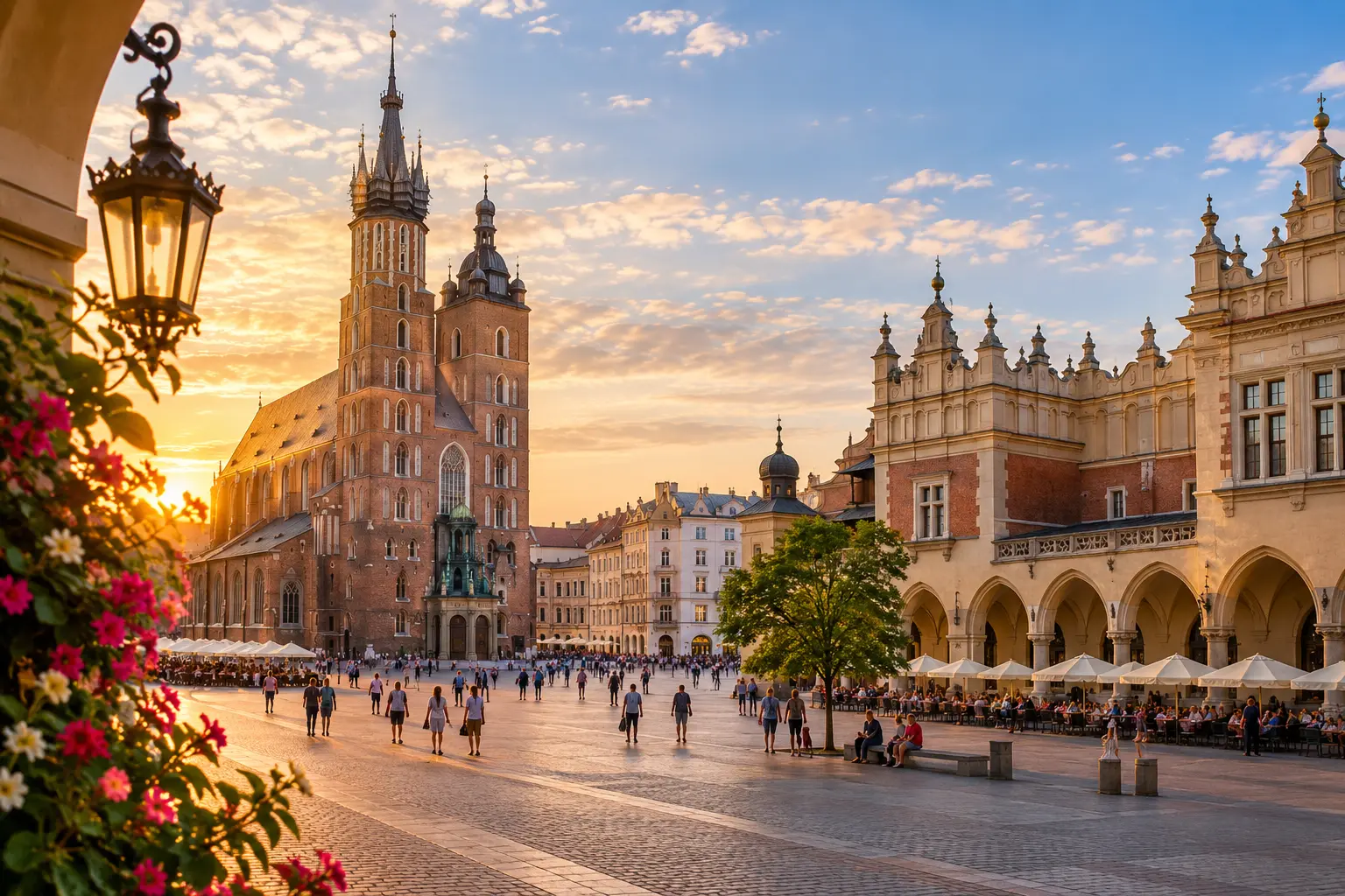 Kraków Main Market Square with St Mary’s Basilica and the Cloth Hall